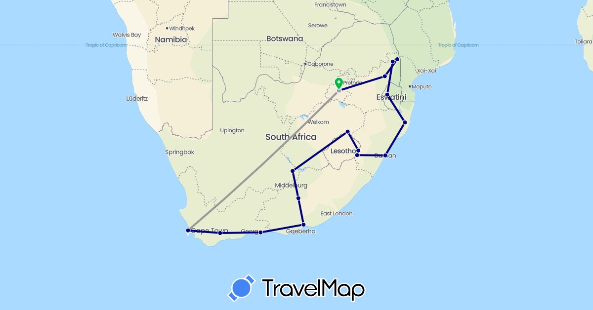 TravelMap itinerary: driving, bus, plane in Swaziland, South Africa (Africa)